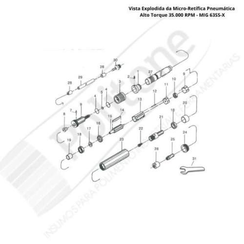 Peça Reposição Micro Retífica Pneumática Alto Torque 35.000 RPM MIG 63SS-X