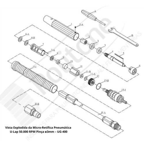 Peça Reposição Micro Retífica Pneumática U-Lap Alto Torque 50.000 RPM UG400