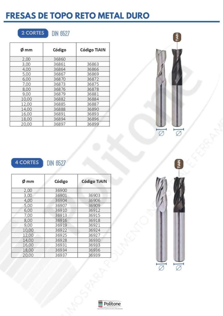 Tabela de Fresas Topo Reto Metal Duro