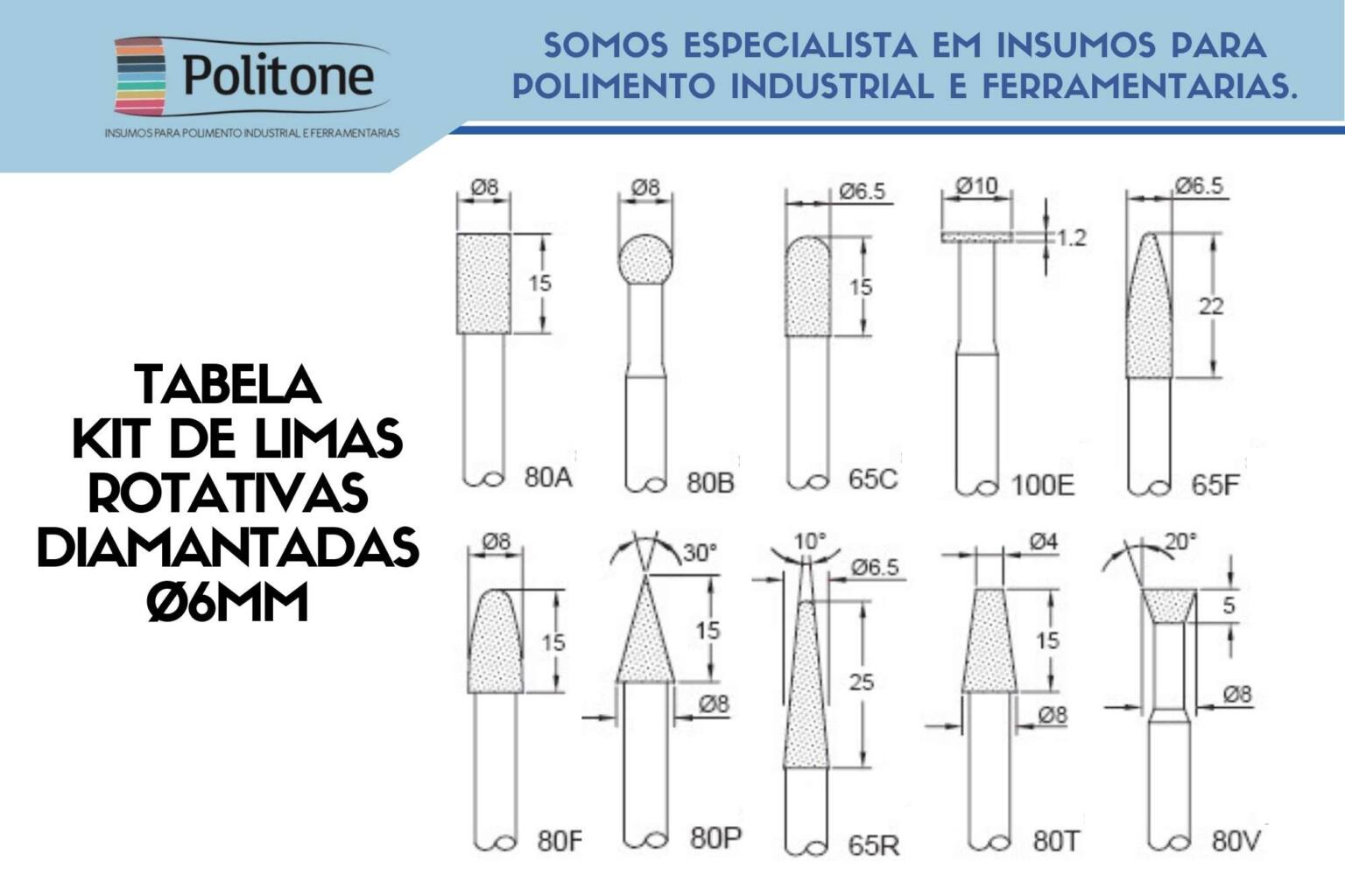tabela kit de limas diamantadas rotativas hØ6mm